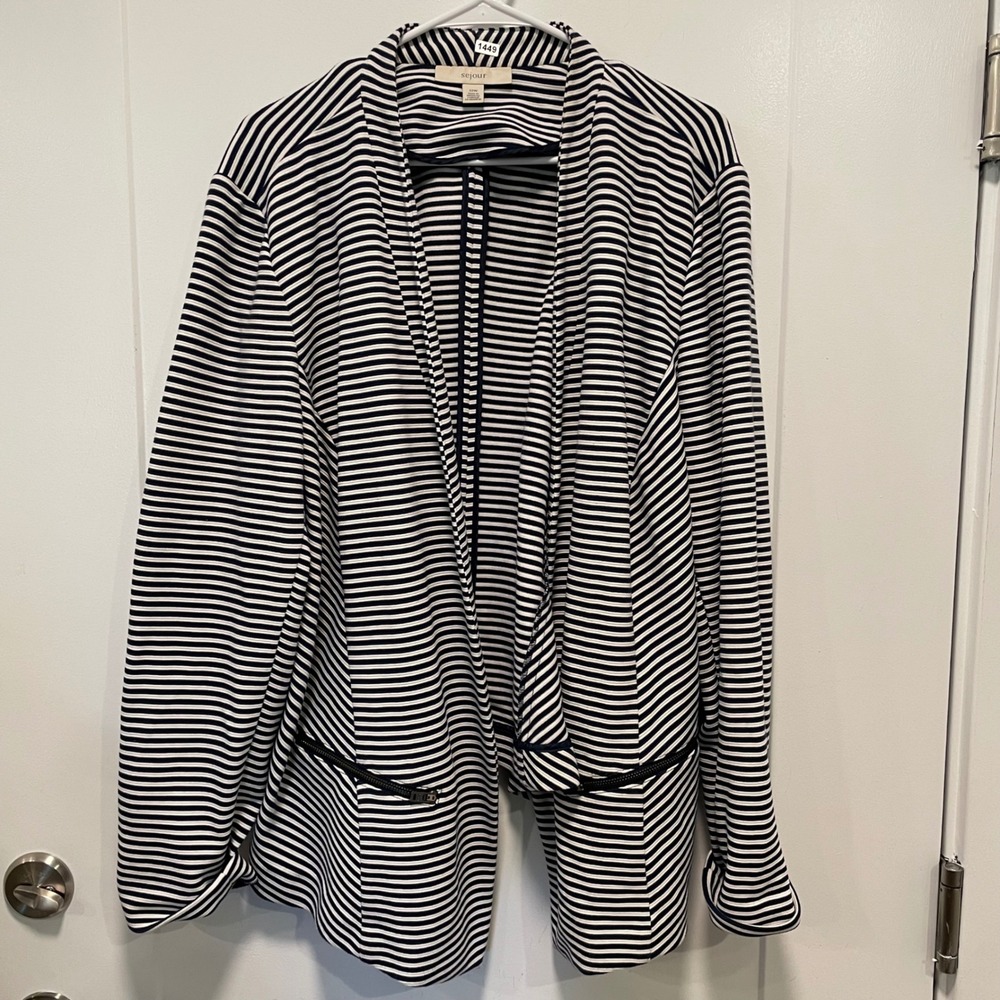 Sejour Navy Blue White Striped Open Front Cardigan Blazer Zipper Detail 22W